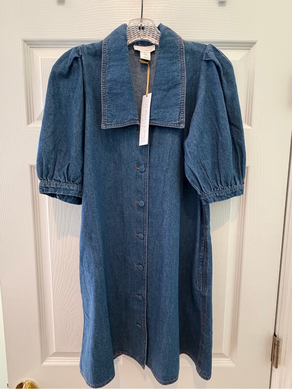 HOUSE OF HARLOW 1960 DENIM PUFF SLEEVE SHIRT DRESS W/ POCKETS BLUE SIZE US 2